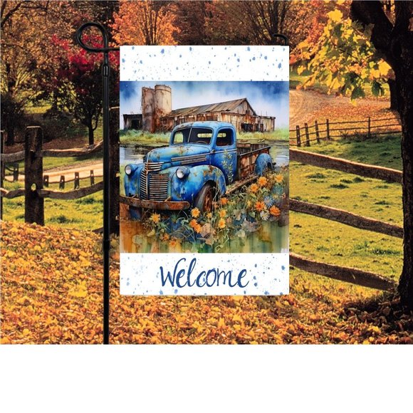 Vintage Blue Truck on the Farm Garden Flag - Picture 1 of 5
